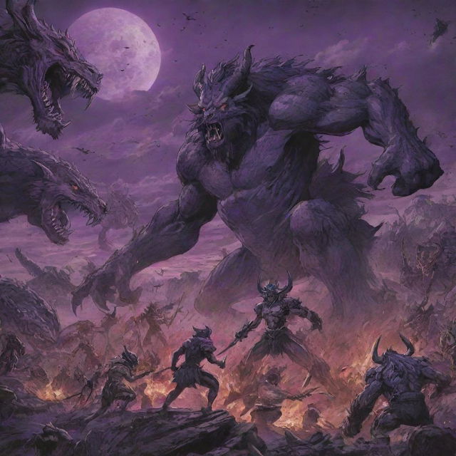 In a shonen anime style with black outlines, depict a detailed battle scene at night under a purple sky. There's an intense war between beastmen with animal characteristics and futuristic humans, surrounded by scenes of destruction.