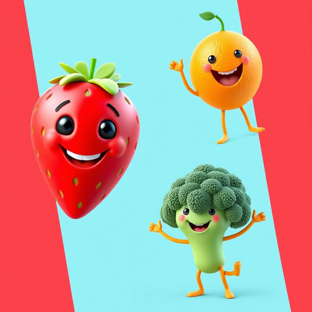 A vibrant collection of 3D animated images featuring a cheerful strawberry, a playful orange, and a friendly piece of broccoli