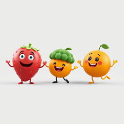 A vibrant collection of 3D animated images featuring a cheerful strawberry, a playful orange, and a friendly piece of broccoli