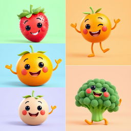 A vibrant collection of 3D animated images featuring a cheerful strawberry, a playful orange, and a friendly piece of broccoli