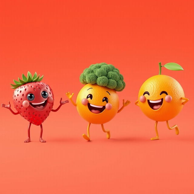 A vibrant collection of 3D animated images featuring a cheerful strawberry, a playful orange, and a friendly piece of broccoli