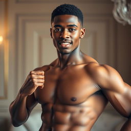 A charismatic young Black man confidently posing in a strong yet tasteful manner, showcasing his physique and charm
