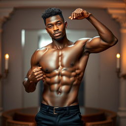 A charismatic young Black man confidently posing in a strong yet tasteful manner, showcasing his physique and charm