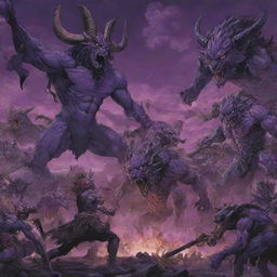 In a shonen anime style with black outlines, depict a detailed battle scene at night under a purple sky. There's an intense war between beastmen with animal characteristics and futuristic humans, surrounded by scenes of destruction.