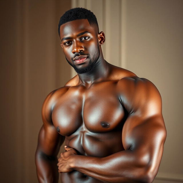 A charismatic young Black man confidently posing in a strong yet tasteful manner, showcasing his physique and charm