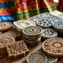 A detailed view of various textile molds, showcasing intricate patterns and designs