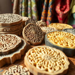 A detailed view of various textile molds, showcasing intricate patterns and designs