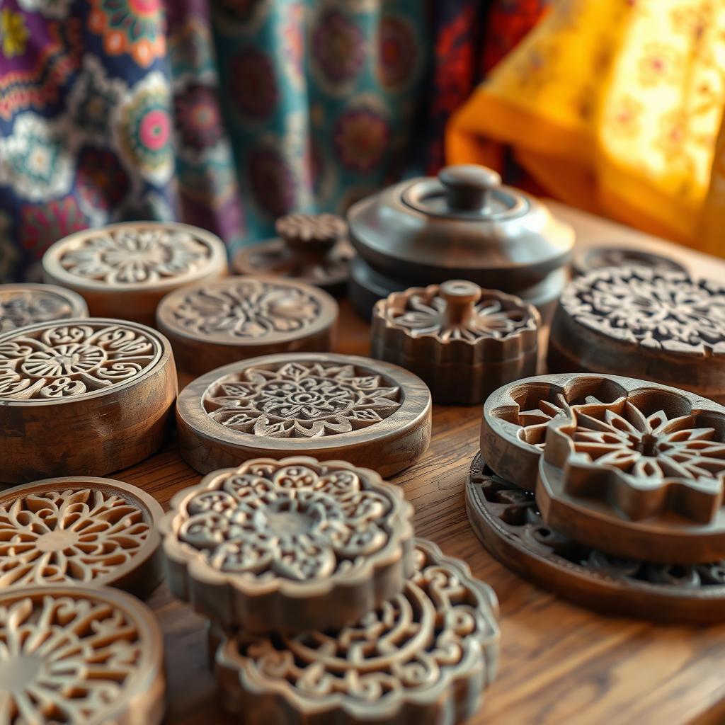 A detailed view of various textile molds, showcasing intricate patterns and designs