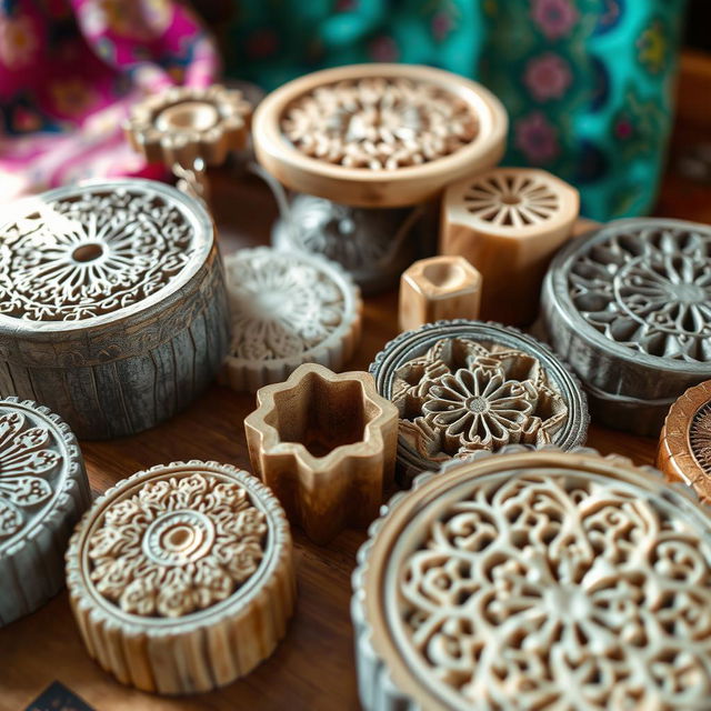 A detailed view of various textile molds, showcasing intricate patterns and designs