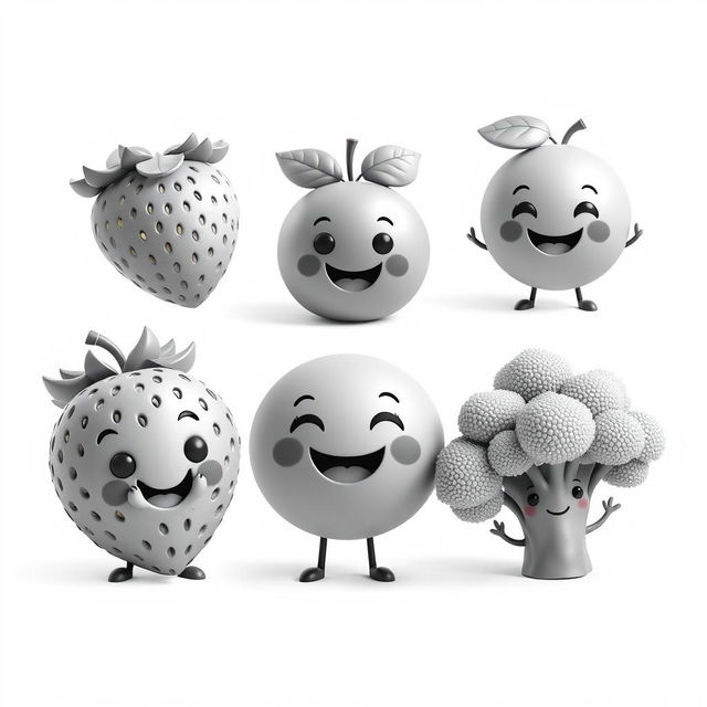 A series of black and white 3D animated images featuring a strawberry, an orange, and broccoli, each designed with intricate details while maintaining a playful and friendly appearance