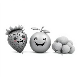 A series of black and white 3D animated images featuring a strawberry, an orange, and broccoli, each designed with intricate details while maintaining a playful and friendly appearance