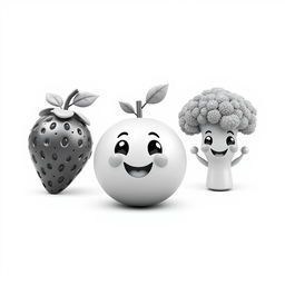 A series of black and white 3D animated images featuring a strawberry, an orange, and broccoli, each designed with intricate details while maintaining a playful and friendly appearance