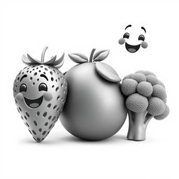 A series of black and white 3D animated images featuring a strawberry, an orange, and broccoli, each designed with intricate details while maintaining a playful and friendly appearance