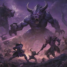 In a shonen anime style with black outlines, depict a detailed battle scene at night under a purple sky. There's an intense war between beastmen with animal characteristics and futuristic humans, surrounded by scenes of destruction.