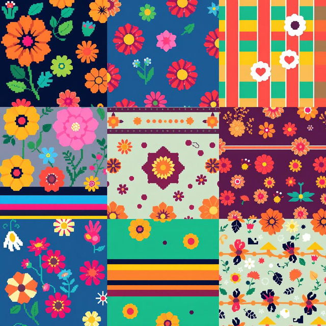 A collection of textile patterns designed in pixel art style, showcasing various designs such as floral motifs, geometric shapes, stripes, and abstract art