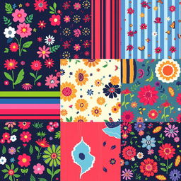 A collection of textile patterns designed in pixel art style, showcasing various designs such as floral motifs, geometric shapes, stripes, and abstract art