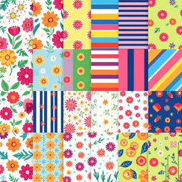 A collection of textile patterns designed in pixel art style, showcasing various designs such as floral motifs, geometric shapes, stripes, and abstract art