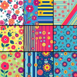 A collection of textile patterns designed in pixel art style, showcasing various designs such as floral motifs, geometric shapes, stripes, and abstract art