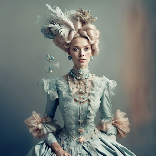 A 200mm portrait photograph of a Rococo-styled woman against a minimalist pastel background with floating particles.