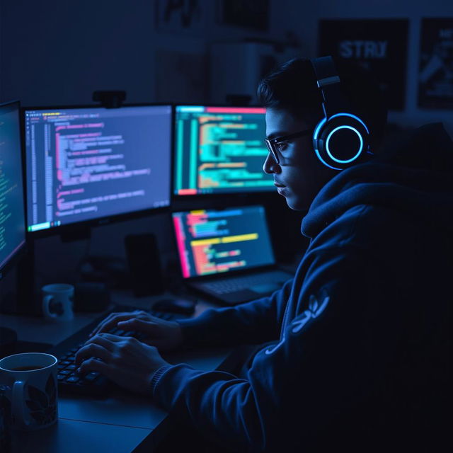 A black hacker working intently on Termux in a modern, tech-savvy workspace