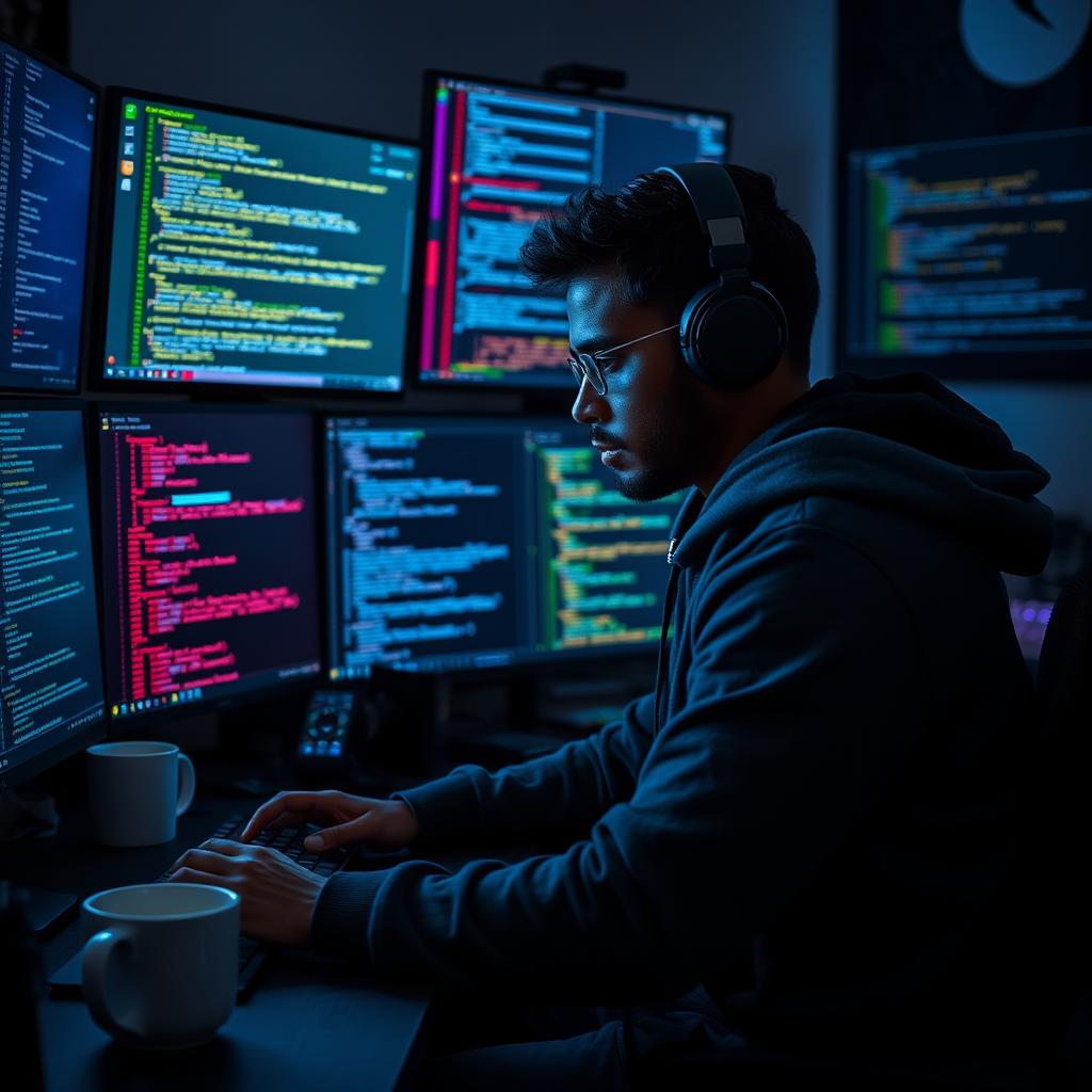 A black hacker working intently on Termux in a modern, tech-savvy workspace