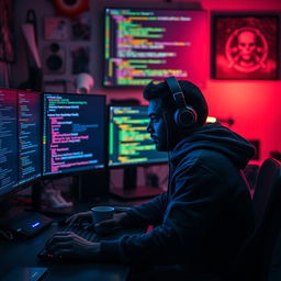 A black hacker working intently on Termux in a modern, tech-savvy workspace