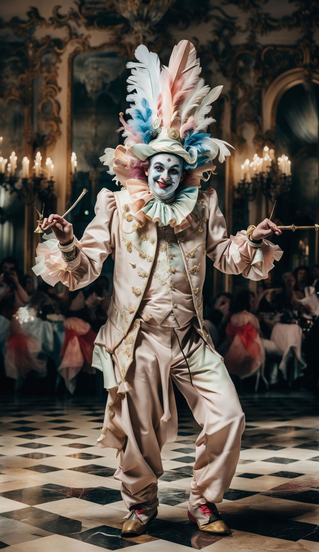 A flamboyant jester in Rococo-style ballroom filled with pastel hues, gold leaf adornments, and crystal chandeliers. The jester's costume is colorful and adorned with bells, his antics drawing laughter from masked guests.