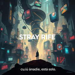 An artistically compelling cinema poster for a dystopian futuristic city called Stray Rife, where artificial intelligence casts a long shadow over humanity