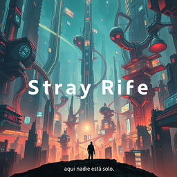 An artistically compelling cinema poster for a dystopian futuristic city called Stray Rife, where artificial intelligence casts a long shadow over humanity