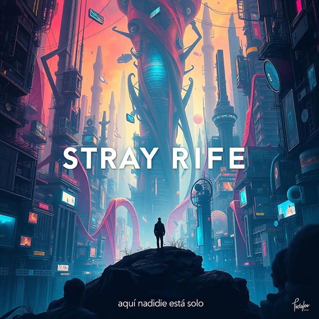 An artistically compelling cinema poster for a dystopian futuristic city called Stray Rife, where artificial intelligence casts a long shadow over humanity