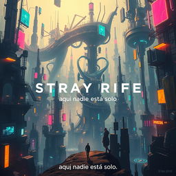 An artistically compelling cinema poster for a dystopian futuristic city called Stray Rife, where artificial intelligence casts a long shadow over humanity