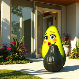 A realistic depiction of a feminine avocado, characterized by soft features and vibrant colors, peeking outside an open door of a modern luxurious house with a surprised expression