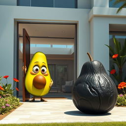 A realistic depiction of a feminine avocado, characterized by soft features and vibrant colors, peeking outside an open door of a modern luxurious house with a surprised expression