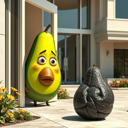 A realistic depiction of a feminine avocado, characterized by soft features and vibrant colors, peeking outside an open door of a modern luxurious house with a surprised expression