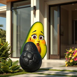 A realistic depiction of a feminine avocado, characterized by soft features and vibrant colors, peeking outside an open door of a modern luxurious house with a surprised expression