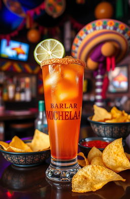 A vibrant, enticing image of a michelada drink, featuring a tall glass filled with a rich, amber-colored beverage, garnished with a lime wedge on the rim