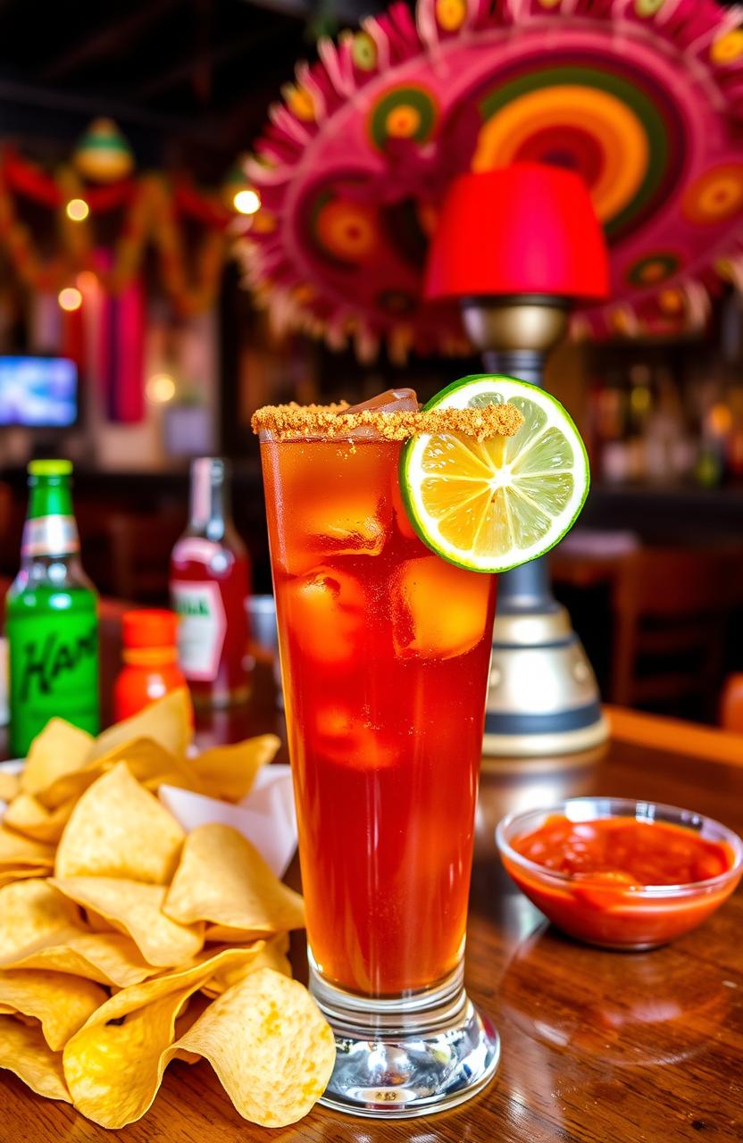 A vibrant, enticing image of a michelada drink, featuring a tall glass filled with a rich, amber-colored beverage, garnished with a lime wedge on the rim