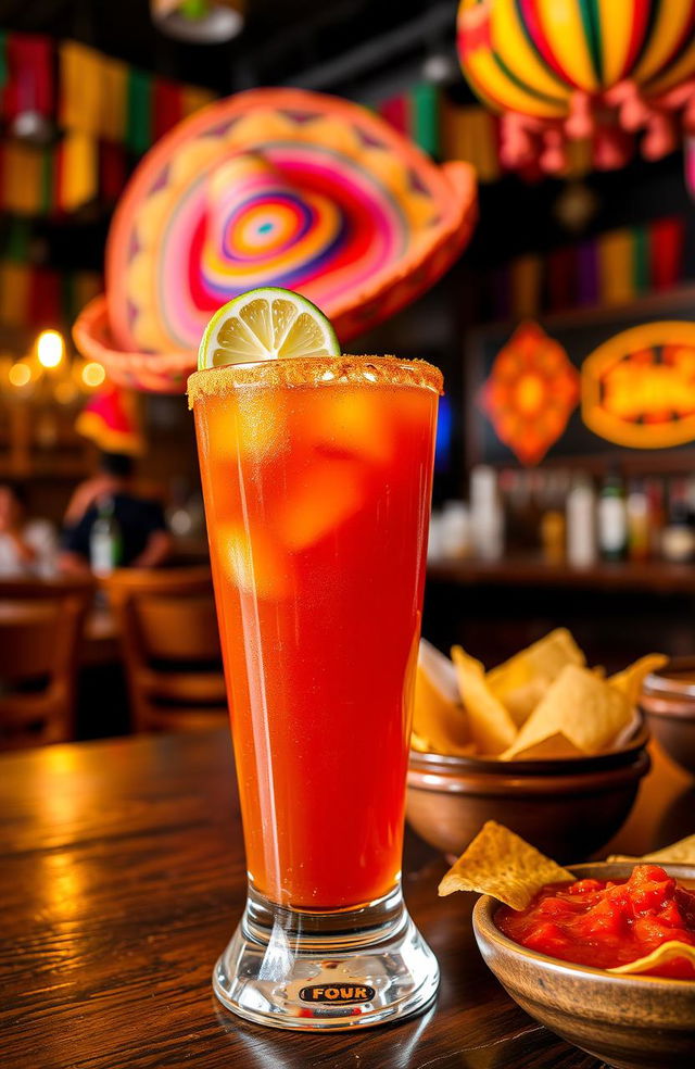 A vibrant, enticing image of a michelada drink, featuring a tall glass filled with a rich, amber-colored beverage, garnished with a lime wedge on the rim