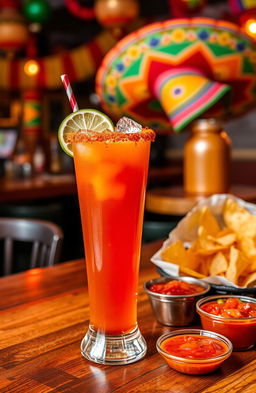 A vibrant, enticing image of a michelada drink, featuring a tall glass filled with a rich, amber-colored beverage, garnished with a lime wedge on the rim