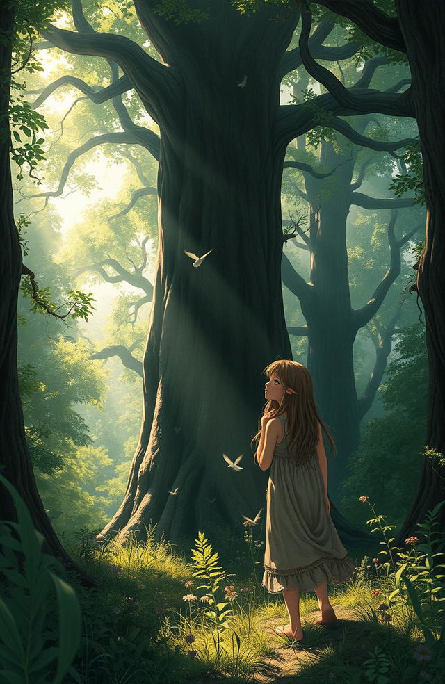 A girl with long, flowing hair wearing a tattered dress, standing in a dense, enchanted forest filled with tall, ancient trees