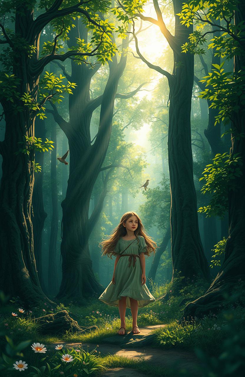 A girl with long, flowing hair wearing a tattered dress, standing in a dense, enchanted forest filled with tall, ancient trees