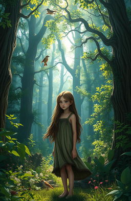 A girl with long, flowing hair wearing a tattered dress, standing in a dense, enchanted forest filled with tall, ancient trees