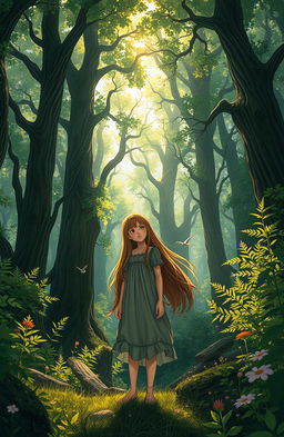 A girl with long, flowing hair wearing a tattered dress, standing in a dense, enchanted forest filled with tall, ancient trees