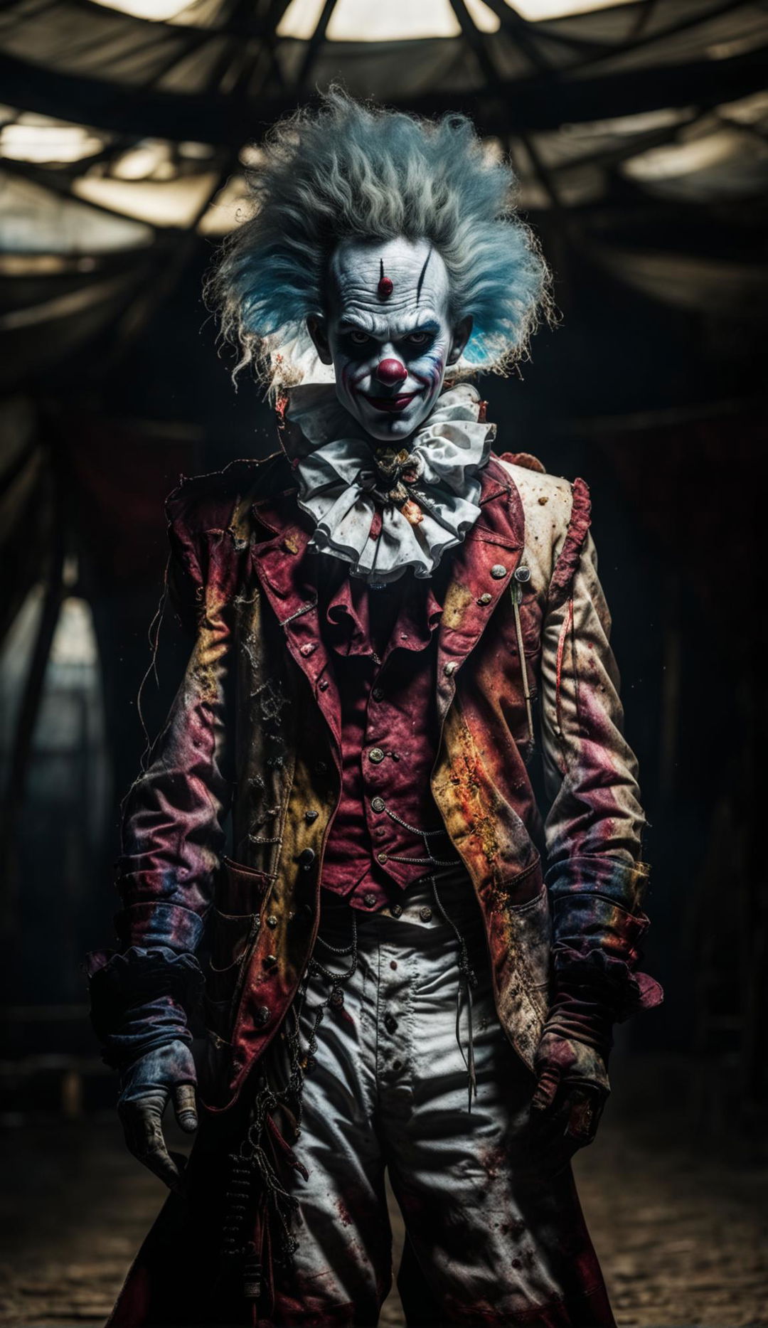 A Ghostp4nk clown rendered with a ghost-phantom effect in a dimly lit, abandoned circus tent. The image uses cinematic lighting, HDR technology, and Redshift rendering for a hyper-detailed, photorealistic result reminiscent of Mark Molnar's mystical art style.