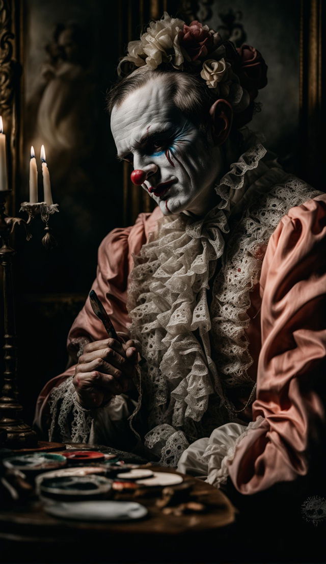 Ultrarealistic photograph capturing a Rococo-style jester painting his face amidst tears.