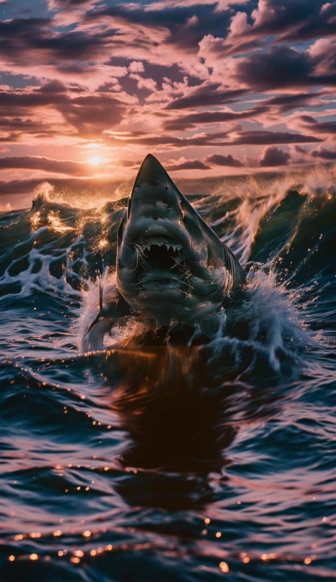 A powerful shark leaps from a churning ocean against a vibrant sunset backdrop, captured sharply through a 300mm lens on an Olympus OM-D E-M1X.