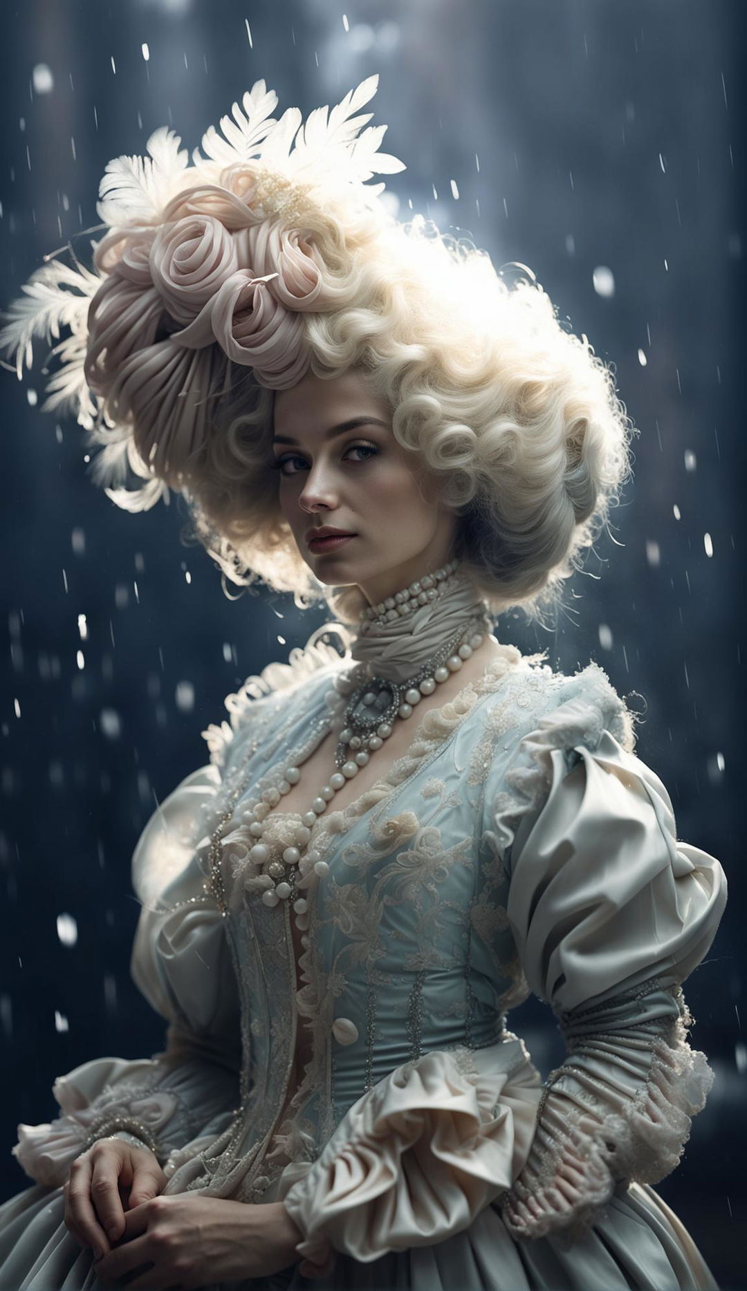 A Rococo-inspired 200mm portrait featuring a noble woman in pastel hues against a minimalist background. Ethereal particles float around her while light rain falls gently.