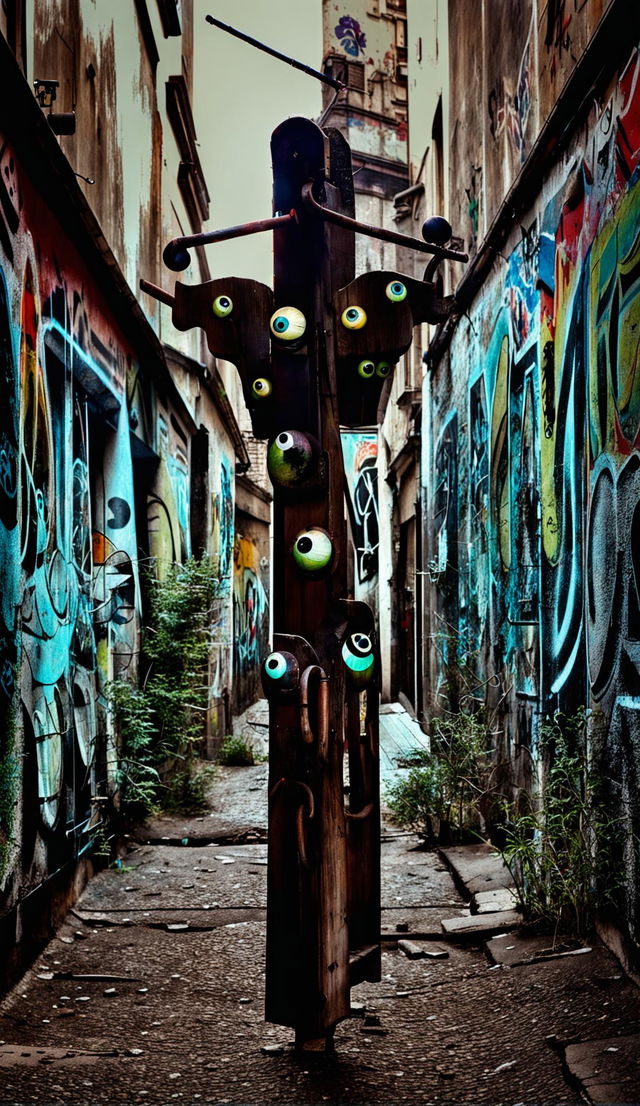 A wooden coat hanger with eyeballs on its hooks discarded in a graffiti-filled back alley in Łódź, Poland, under dim lighting with sparse vegetation sprouting from concrete cracks.