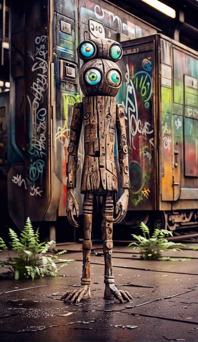 Anthropomorphic wooden coat hanger with eyeballs on its hooks waiting for a train in a graffiti-filled Polish train station, under muted colors with sparse vegetation sprouting from concrete cracks.