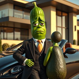 A realistic masculine cucumber, dressed in an expensive tailored suit, leaning against a luxurious car with a wistful and sad expression on its face